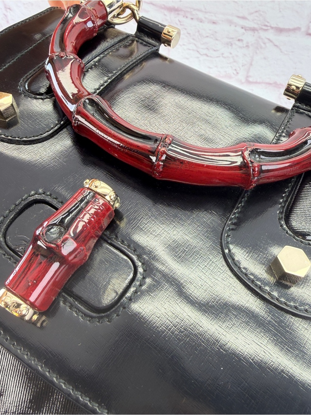 Gucci Black Dialux Red 'Pop' Bamboo Handle Bag - Picture 7 of 12